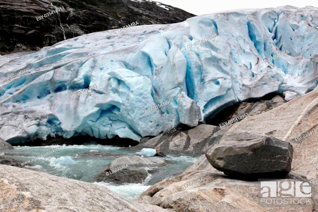 Stock Photo: Norway, Jostedalsbreen National Park. Famous Briksdalsbreen glacier in Briksdalen valley.