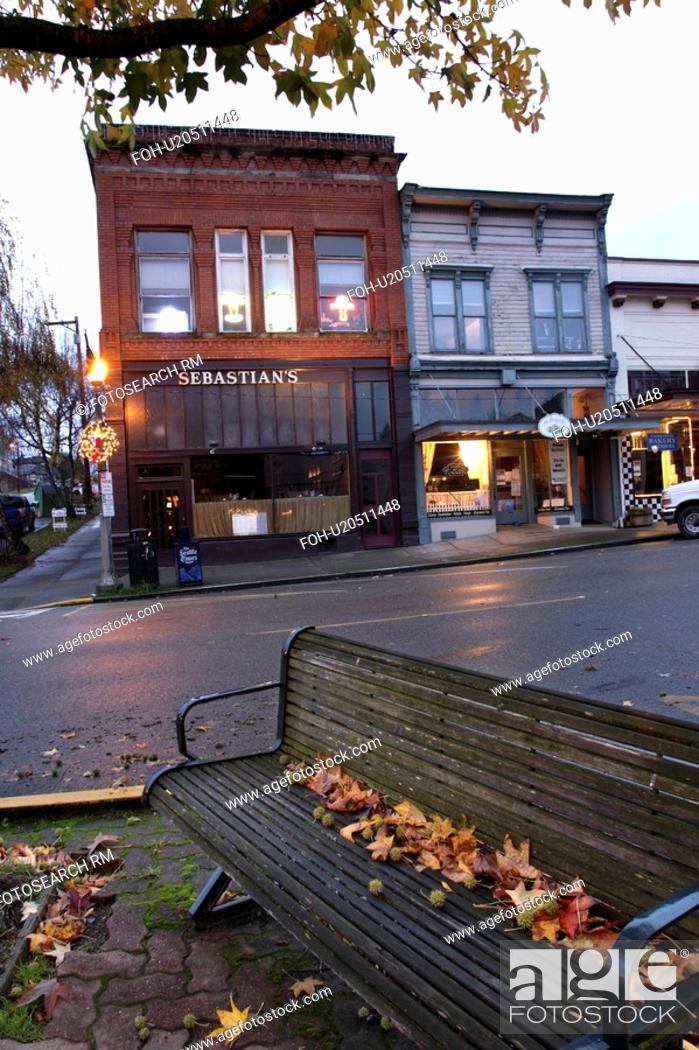 Stock Photo: snohomish, first, morning, early, street, bench.