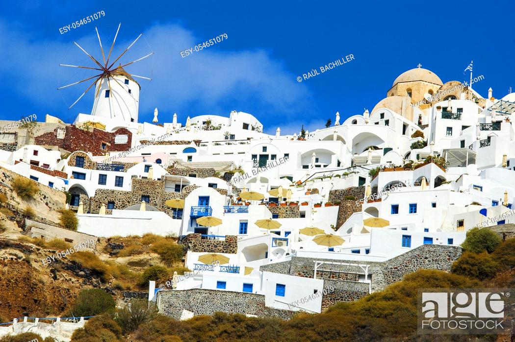 Stock Photo: view of the city of oia in santorini, photo taken from the old port.