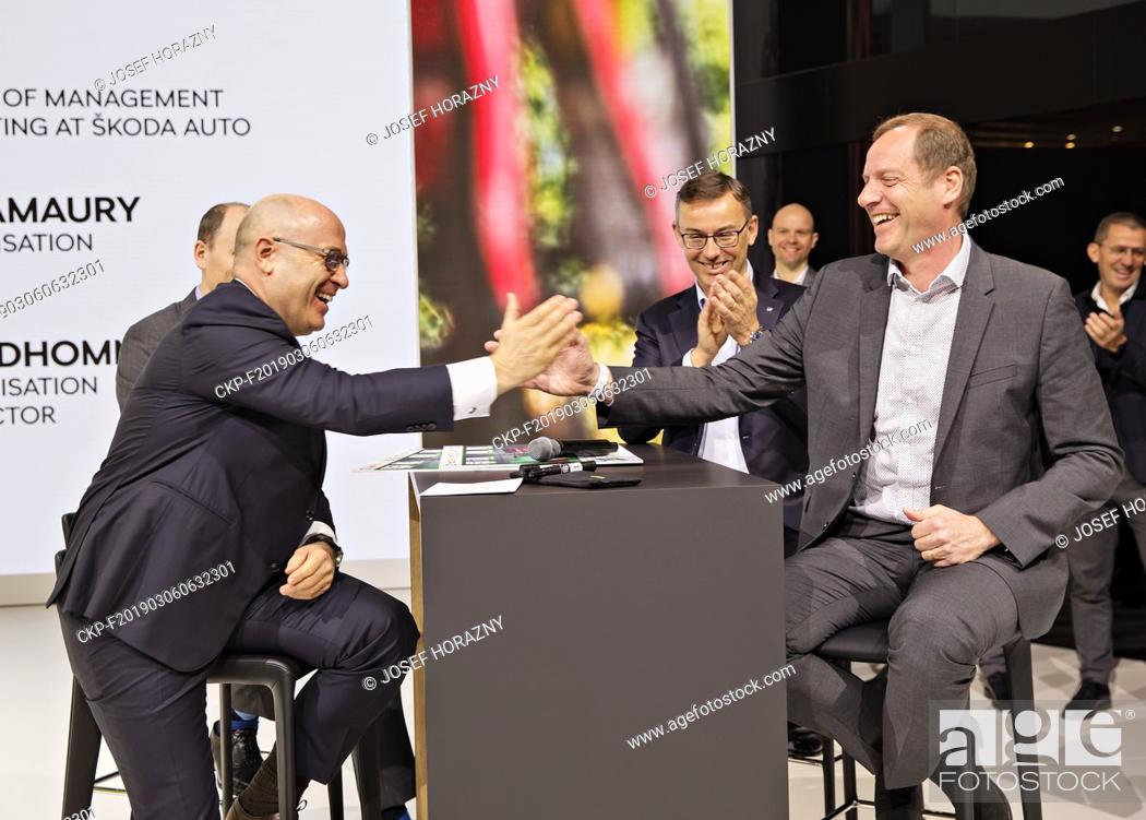 Stock Photo: Skoda Auto CEO Bernhard Maier (left) and Tour de France director Christian Prudhomme signed a sponsorship contract up to 2023 during the 2019 Geneva.