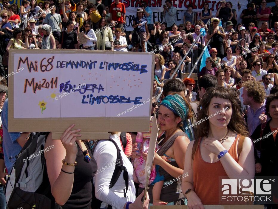 Stock Photo: Paris, France, People Demonstrating, Holding French Signs 'May 1968', Place de la Bastille,.