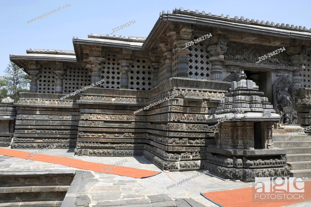 Stock Photo: Windows and friezes, small towers, Shantaleswara shrine, Hoysaleshvara Temple, Halebid, Karnataka, india, View from East.