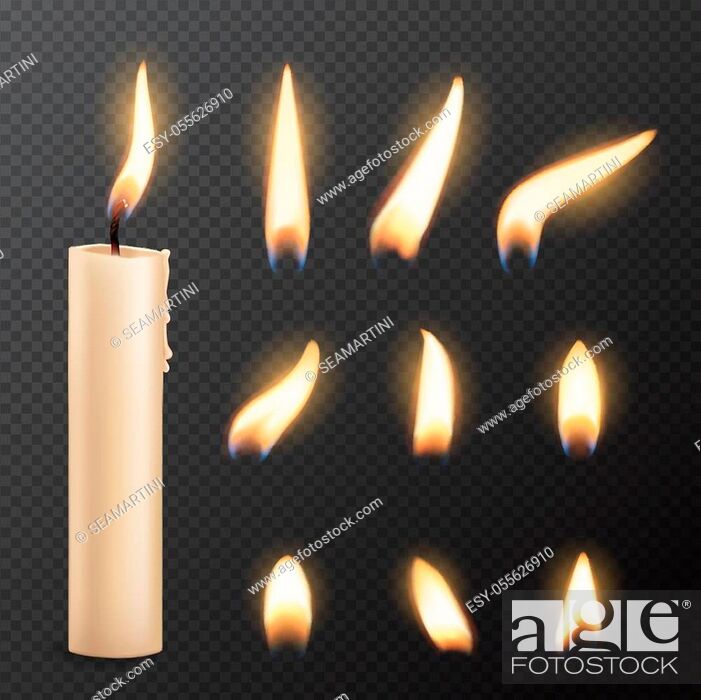 Stock Vector: Candle with fire flame lights realistic vector mockup on transparent background. Burning church or party candle made of white wax and wick with glowing flares.