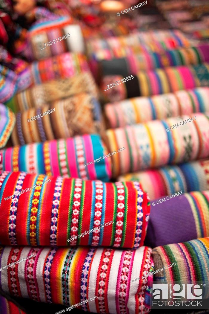 Stock Photo: Close-up shot of bags at the open-air market in Pisaq, Sacred Valley, Cuzco Region, Peru, South America.