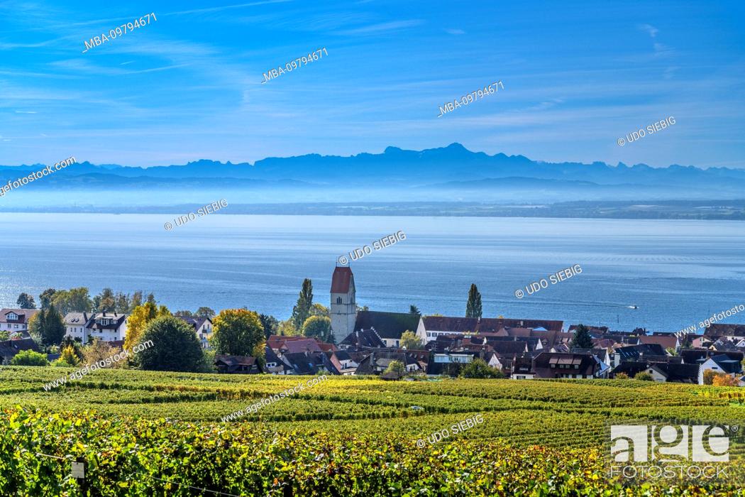 Stock Photo: Germany, Baden-Württemberg, Lake Constance, Hagnau on Lake Constance, view from Wilhelmshöhe against Säntis.