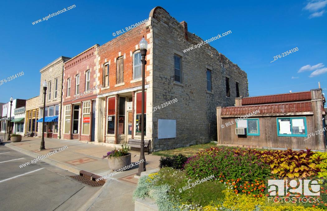 Stock Photo: Wamego Kansas from The Wizard of Oz going home to Kansas main street called Lincoln Avenue shops and stores.