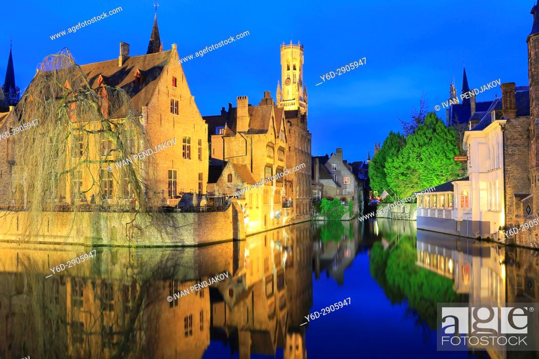 Stock Photo: Rozenhoedkaai and the Belfry, Bruges, Flanders, Belgium.