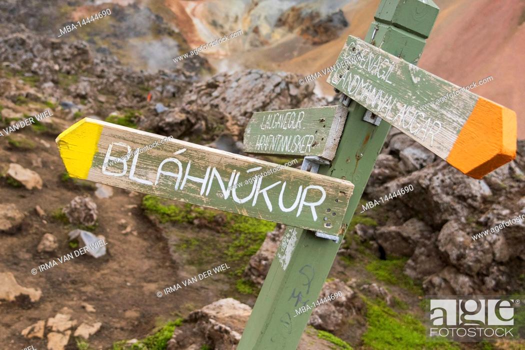 Stock Photo: Laugavegur hiking trail is the most famous multi-day trekking tour in Iceland. Landscape photo from the area around Landmannalaugar.