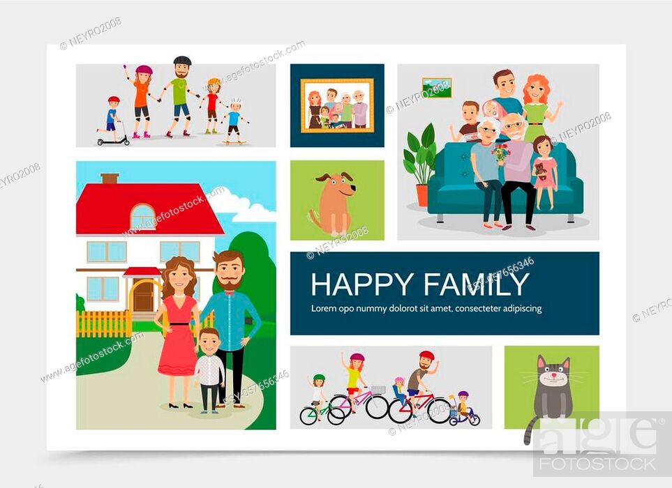 Flat happy family concept with animals mother father children riding  bicycles rollers skateboards..., Stock Vector, Vector And Low Budget  Royalty Free Image. Pic. ESY-057656346 | agefotostock