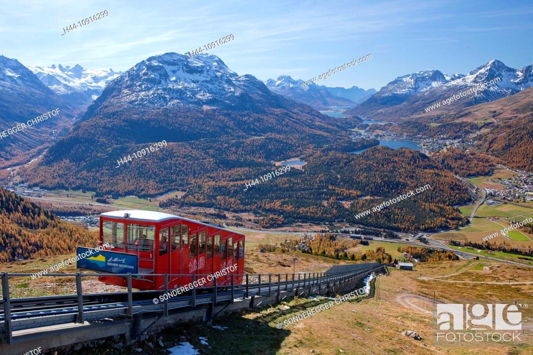 Stock Photo: Autumn, canton, Graubünden, Grisons, Switzerland, Europe, mountain, mountains, Engadin, Engadine, Upper Engadine, tourism, holidays, mountain railway.