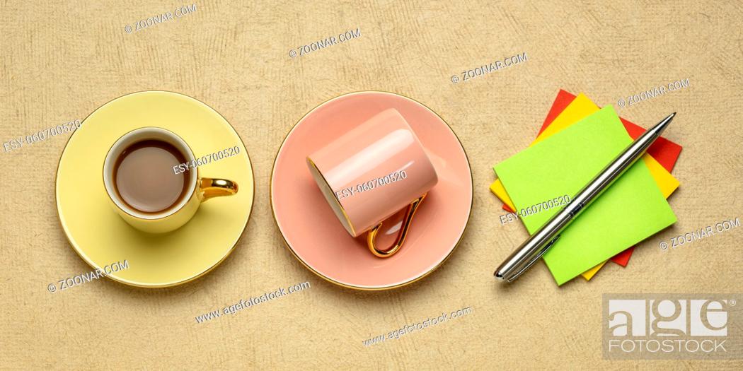 Stock Photo: cups of coffee and reminder notes flat lay, workspace, office or business concept.