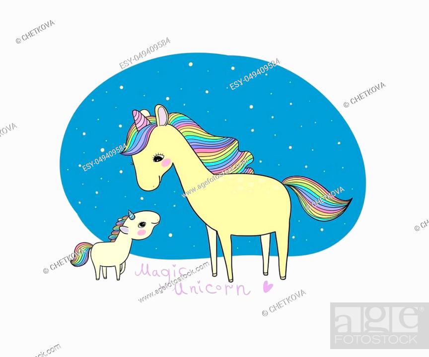 Cute cartoon unicorn and her baby. Mythical creature. Hand drawing isolated  objects on white..., Stock Vector, Vector And Low Budget Royalty Free  Image. Pic. ESY-049409584 | agefotostock