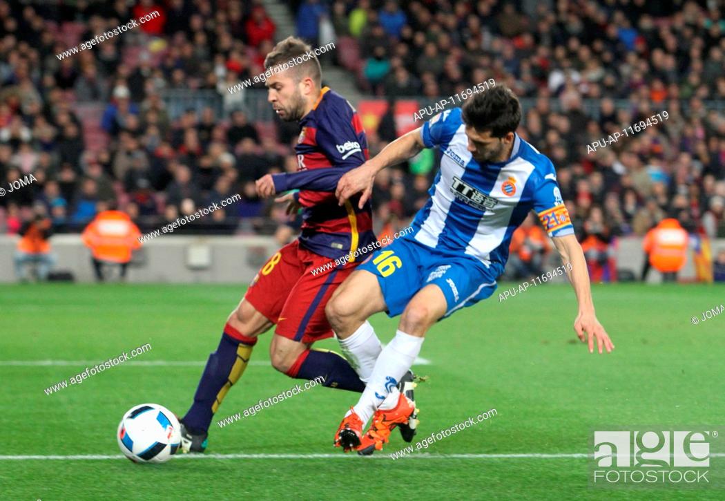 Stock Photo: 2016 Spanish Cup FC Barcelona v RCD Espanyol Jan 6th. 06.01.2016 Barcelona. Spanish Cup football round of 8. Jordi Alba in action against López Rodríguez during.