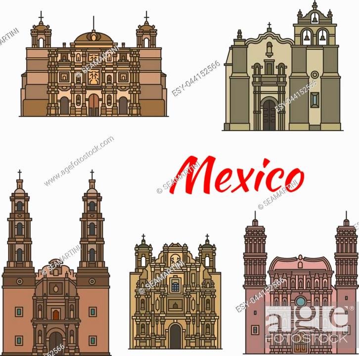 Travel landmark of mexican roman catholic architecture icon set, Foto de  Stock, Vector Low Budget Royalty Free. Pic. ESY-044152566 | agefotostock