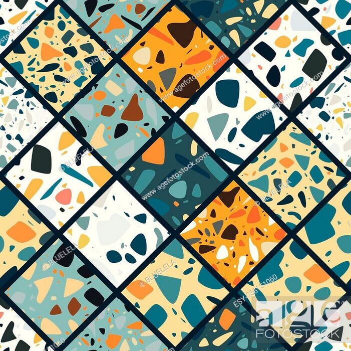 Stock Vector: Terrazzo seamless pattern design with hand drawn rocks. Abstract modern background, flat vector illustration.
