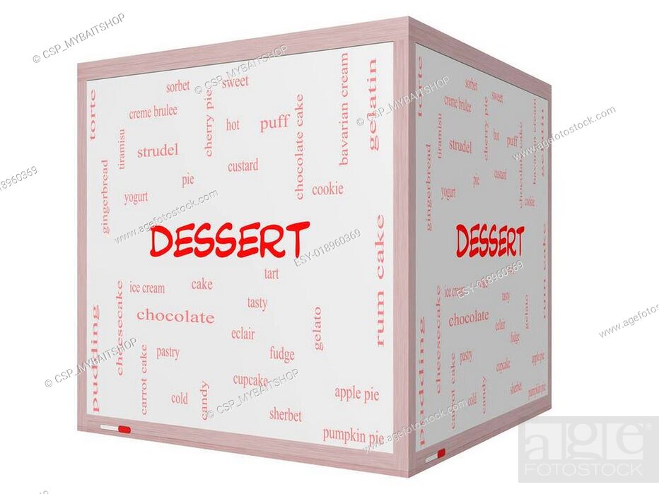 Stock Photo: Dessert Word Cloud Concept on a 3D cube Whiteboard.