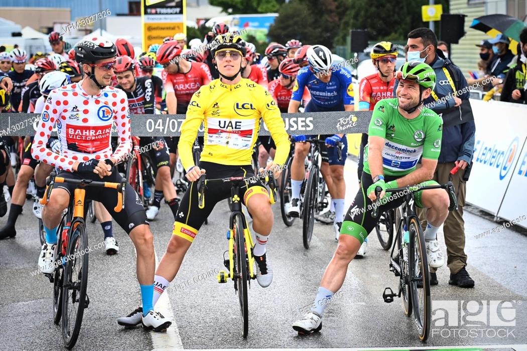 Stock Photo: Dutch Wout Poels of Bahrain Victorious wearing the red polka-dot jersey, Slovenian Tadej Pogacar of UAE Team Emirates wearing the yellow jersey and British Mark.