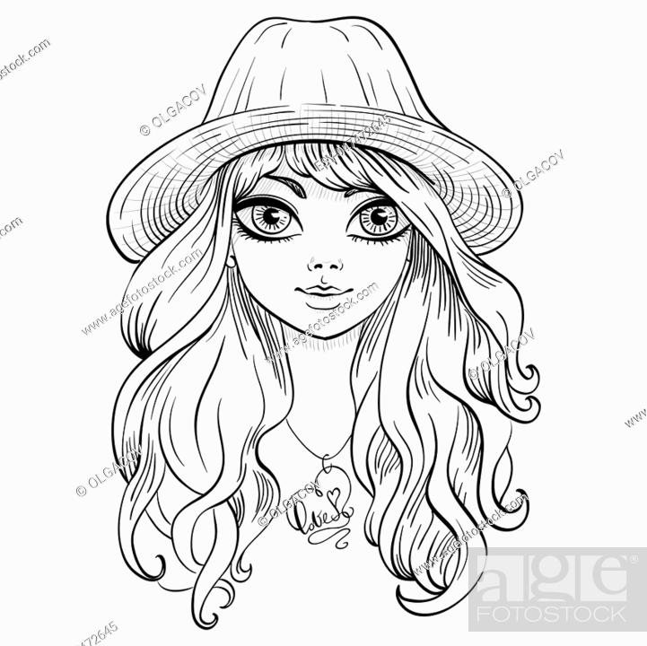 Vector beautiful fashionable girl in hat with long curly hair, Stock  Vector, Vector And Low Budget Royalty Free Image. Pic. ESY-047472645 |  agefotostock