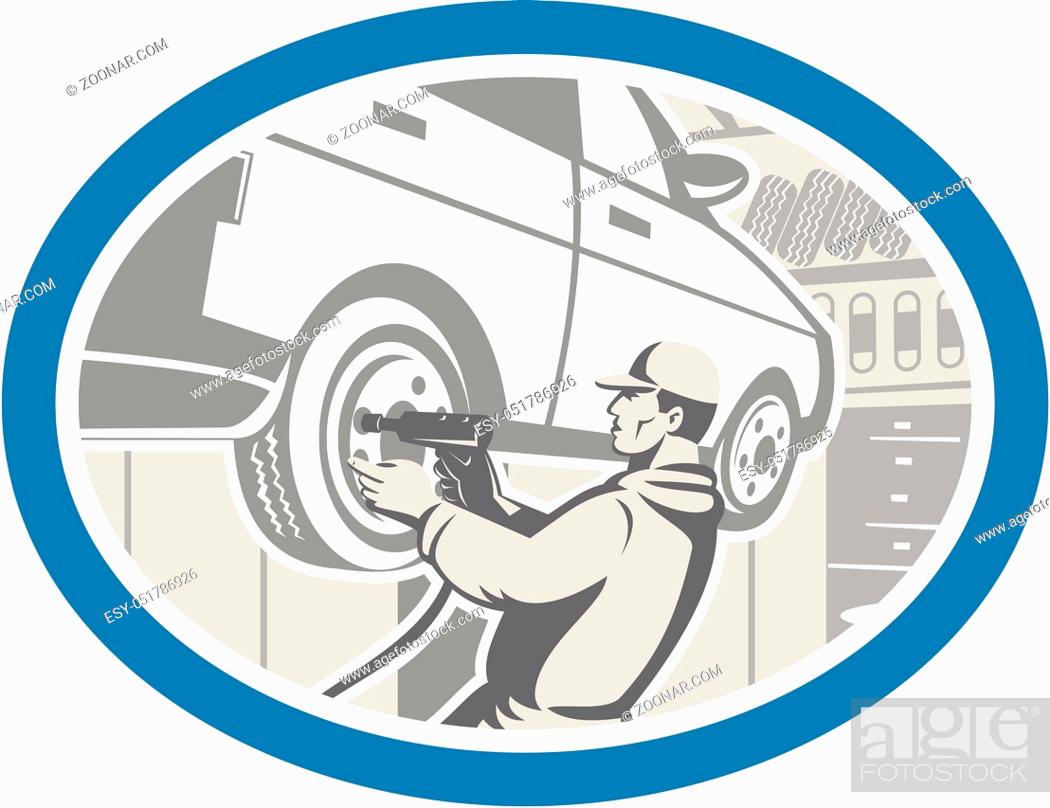 Stock Photo: Illustration of an automotive mechanic changing repairing automobile car vehicle tire in workshop garage set inside oval shape done in retro style.