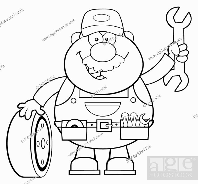 Black And White Smiling Mechanic Cartoon Character With Tire And Huge  Wrench, Stock Vector, Vector And Low Budget Royalty Free Image. Pic.  ESY-028791178 | agefotostock