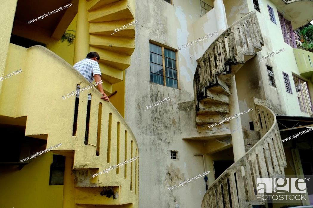Stock Photo: Cityscape, Twin Spiral Staircases, Padungan street, kuching, sarawak, malaysia, borneo.