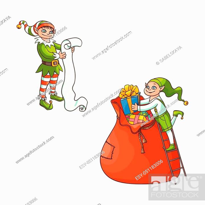vector flat cartoon hand drawn christmas elf boy in santa hat folding  golden bow present boxes in..., Stock Vector, Vector And Low Budget Royalty  Free Image. Pic. ESY-051183006 | agefotostock