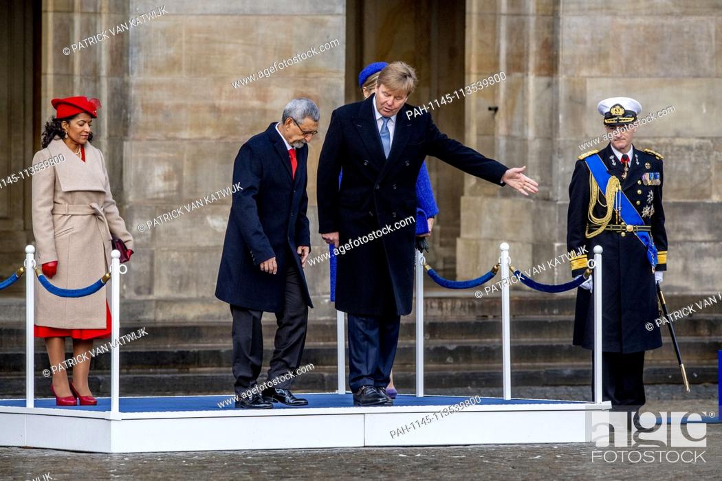 Stock Photo: King Willem-Alexander and Queen Maxima of The Netherlands welcome the president of the Republic of Cape Verde, Jorge Carlos de Almeida Fonseca and his wife.
