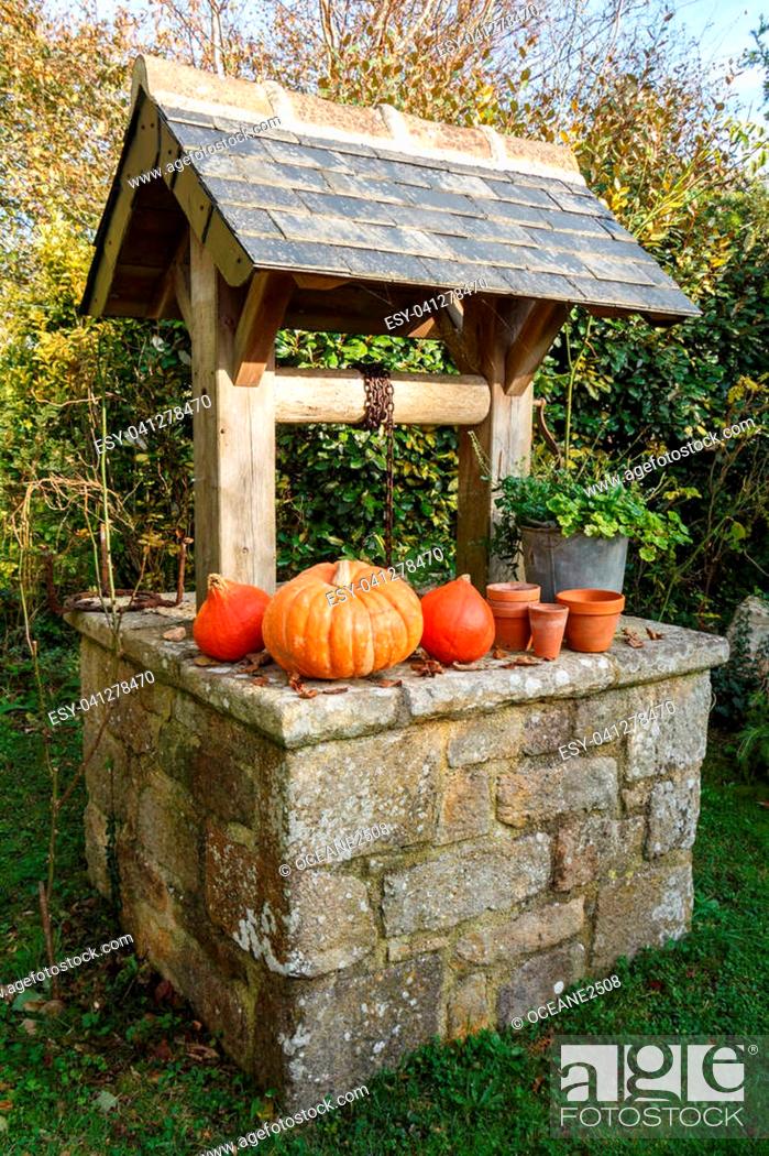 Stock Photo: Pumpkins on the coping of a well after harvest during autumn.