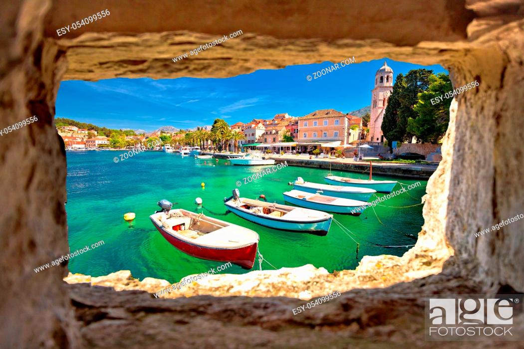 Stock Photo: Turquoise waterfront of Cavtat view through stone window, Dalmatia, Croatia.