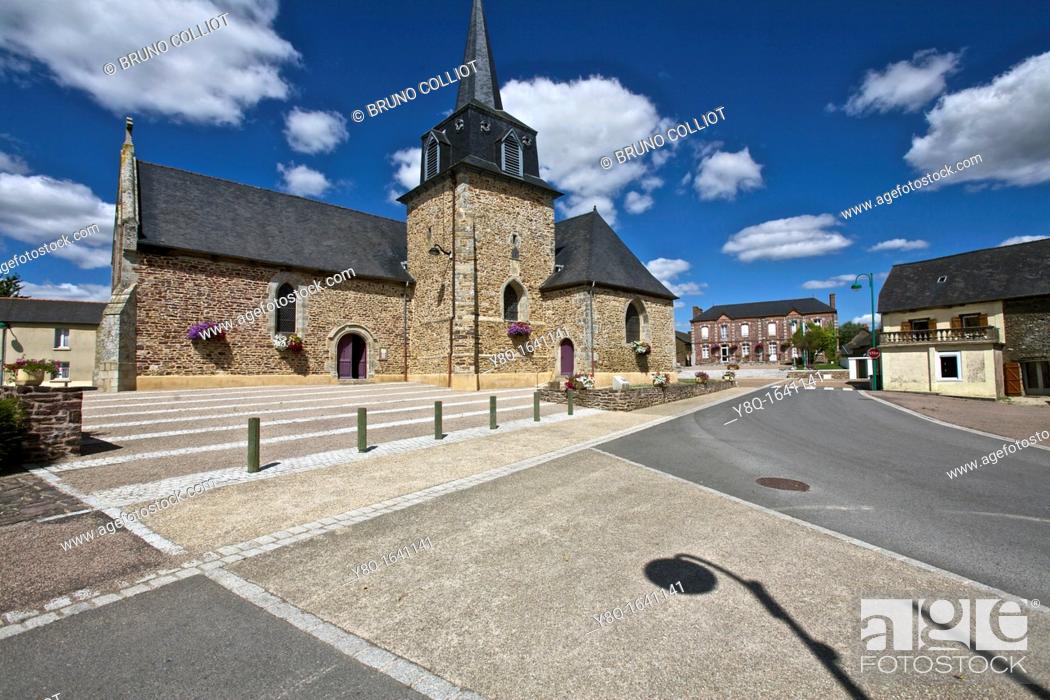 Stock Photo: central view with church and town hall, Chapel St Onene. broceliande, Ille et Vilaine, Brittany, France.