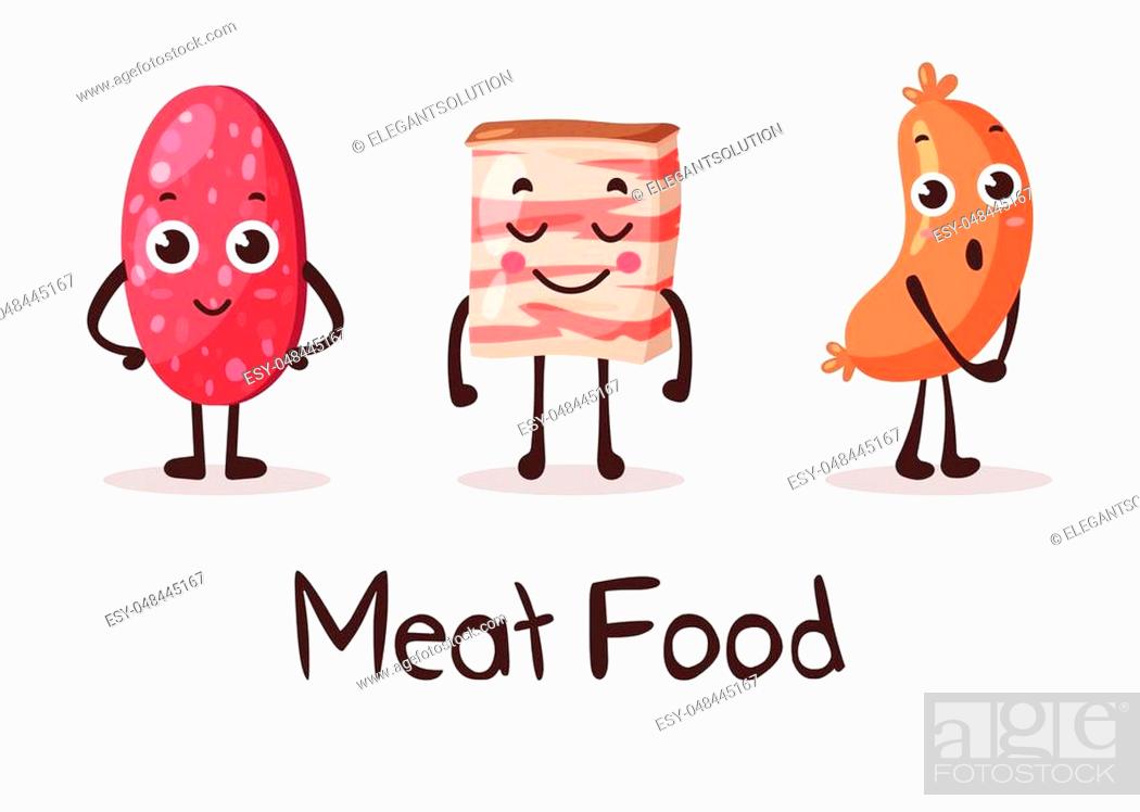 Cartoon meat food characters with smiley faces. Fresh meat gourmet with  sausage and salami, Stock Vector, Vector And Low Budget Royalty Free Image.  Pic. ESY-048445167 | agefotostock