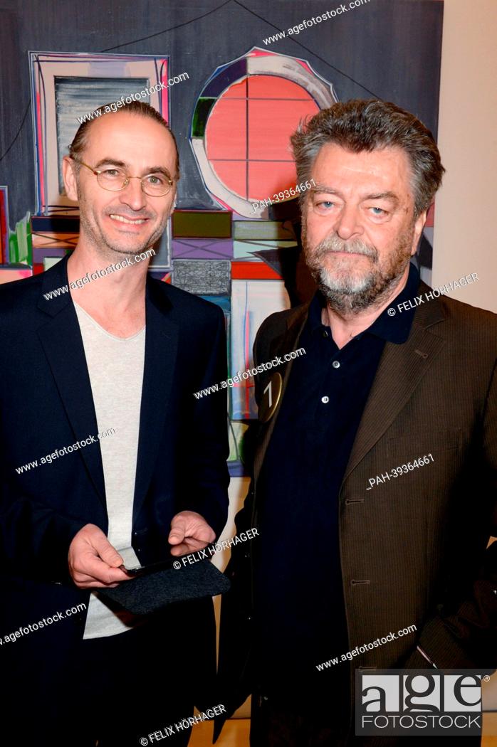 Stock Photo: Ulrich Hamann, architect from Foster and Partners (L) and Museum Director Helmut Friedel pose in the new Lenbachhaus in Munich, Germany, 06 May 2013.