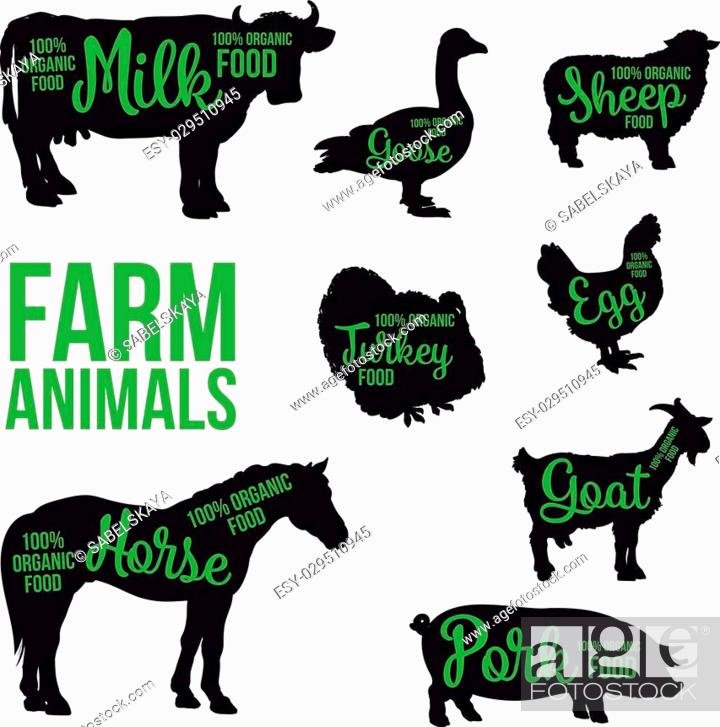 Black contour farm animals with a green inscription inside, vector set of different  animals, cattle, Stock Vector, Vector And Low Budget Royalty Free Image.  Pic. ESY-029510945 | agefotostock