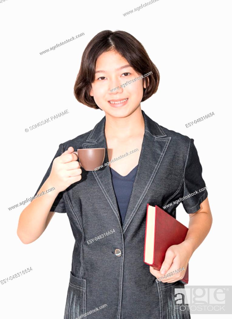 Stock Photo: Young female short hair holding up red book and coffee cup, Cut out isolated on white background.