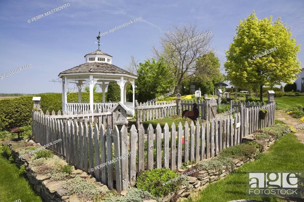 Stock Photo: Vegetable garden plot enclosed by old grey weathered wooden rustic picket fence on raised stone wall with mixed perennial plants in backyard garden bordered by.