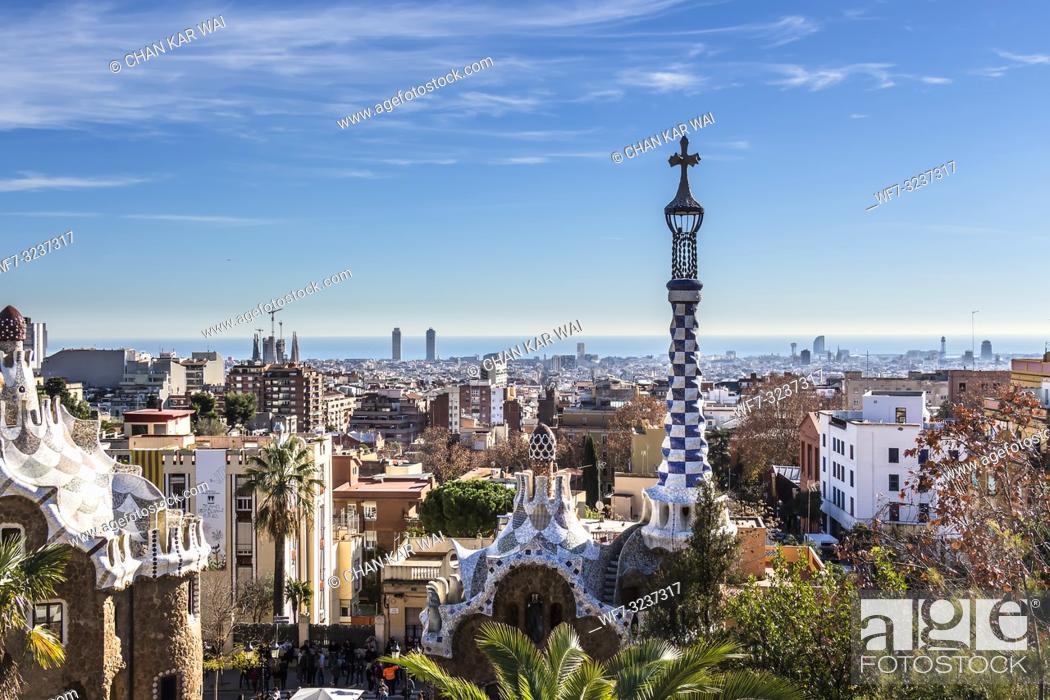 Stock Photo: Barcelona - December 2018: City view of Barcelona from Park Guell.