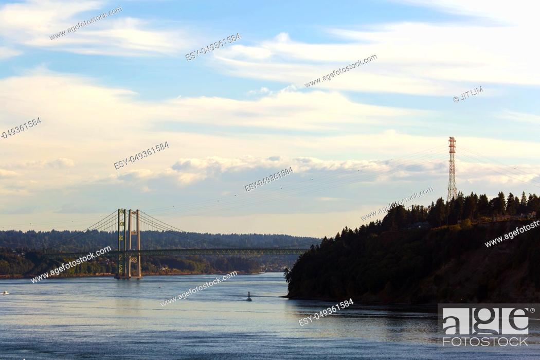 Stock Photo: The Narrows Bridge from Point Defiance in Tacoma Washington State.