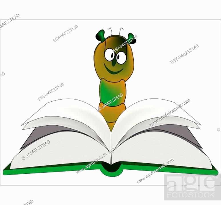 A bookworm cartoon. The book worm is eagerly examining a new hardback book,  Stock Vector, Vector And Low Budget Royalty Free Image. Pic. ESY-048215148  | agefotostock