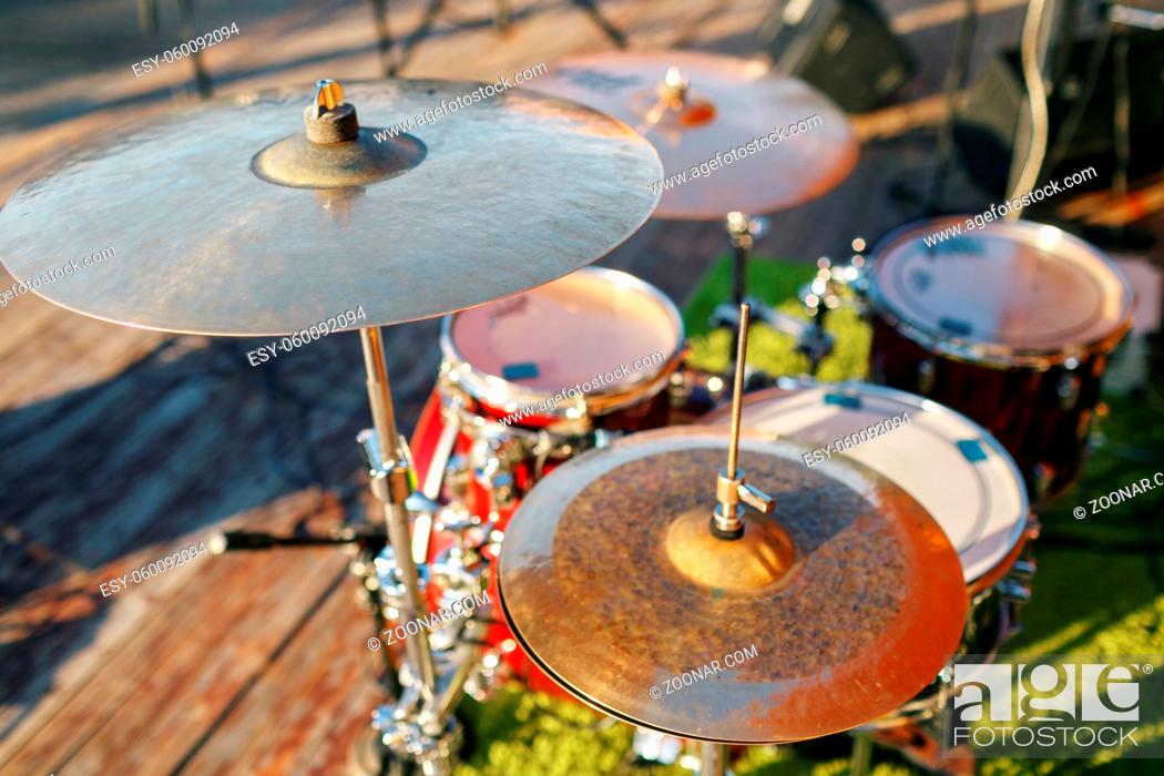 Stock Photo: Music in the park, drums on background wooden floors . a holiday or a wedding outdoors. party in Park or forest.
