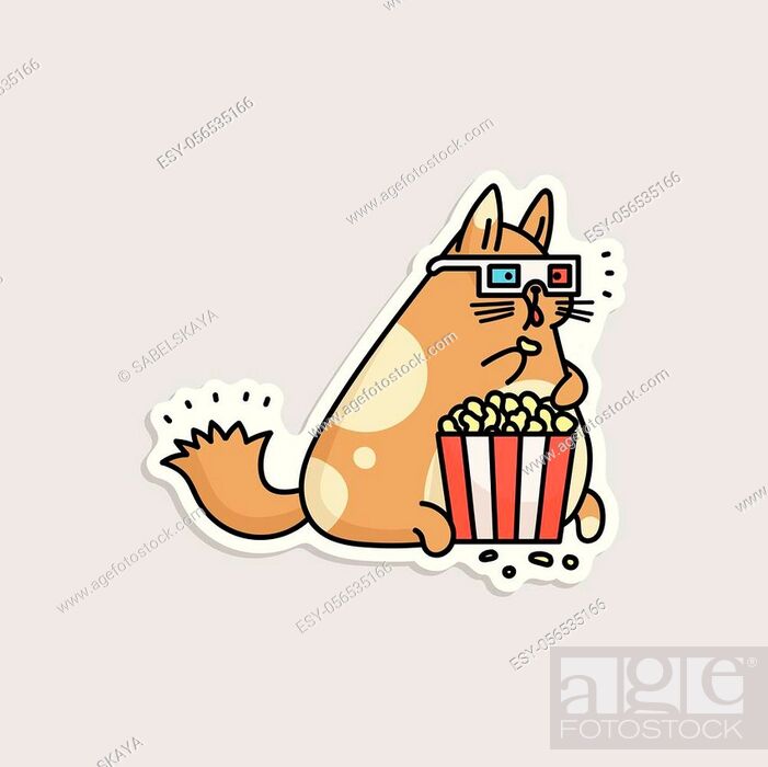 Cute cartoon cat watching a movie in 3D glasses and eating popcorn from  striped box - funny animal..., Stock Vector, Vector And Low Budget Royalty  Free Image. Pic. ESY-056535166 | agefotostock