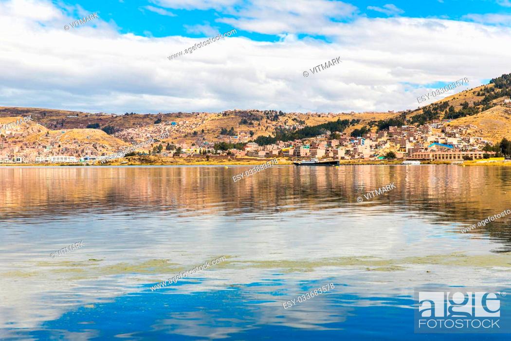 Stock Photo: Lake Titicaca, South America, located on border of Peru and Bolivia. It sits 3, 812 m above sea level, making it one of the highest commercially navigable lakes.