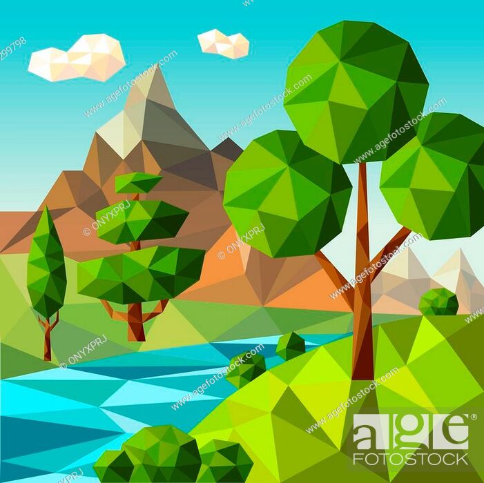 Low poly landscape. Nature green trees plants clouds sky outdoor field  flowers vector cartoon..., Stock Vector, Vector And Low Budget Royalty Free  Image. Pic. ESY-056299798 | agefotostock
