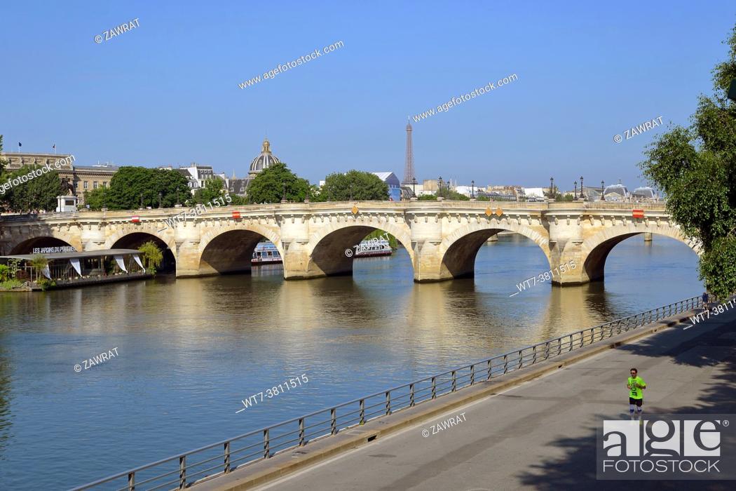 Stock Photo: Seine, Pont Neuf, bridge, water, jogger, morning in Paris, river bank.