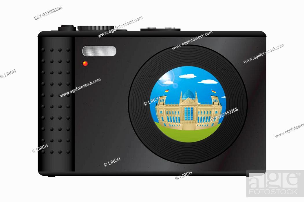 Stock Photo: Compact digital camera with snapshot of Berlin's Parliament building on the lens.