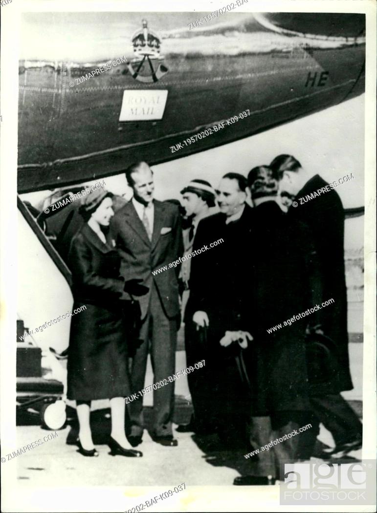 Stock Photo: Feb. 02, 1957 - The Queen Is Greeted By Duke Of Edinburgh After Flying From London: H.M. The Queen and The Duke of Edinburgh who have been parted for four.