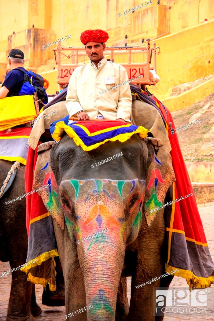 Stock Photo: Mahout riding decorated elephant on the cobblestone path to Amber Fort near Jaipur, Rajasthan, India. Elephant rides are popular tourist attraction in Amber.