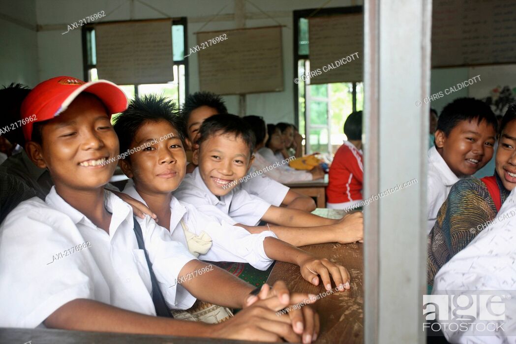 Stock Photo: School In Kyan Hnyat village on banks of Irrawaddy River; Burma.