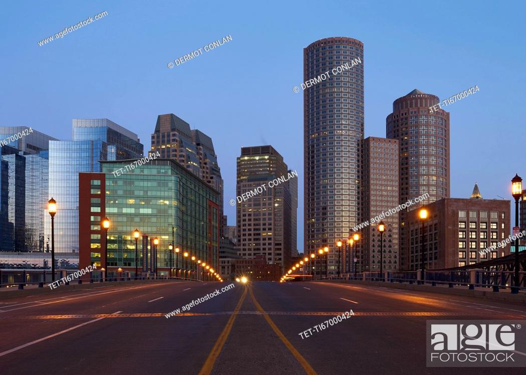 Stock Photo: Empty city street with financial district in background.