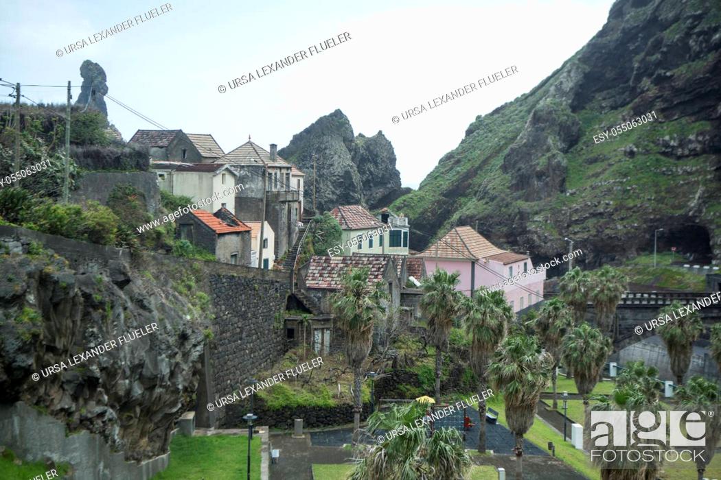 Stock Photo: the Town of Ribeira da janela on the Island of Madeira in the Atlantic Ocean of Portugal. Madeira, Porto Moniz, April, 2018.