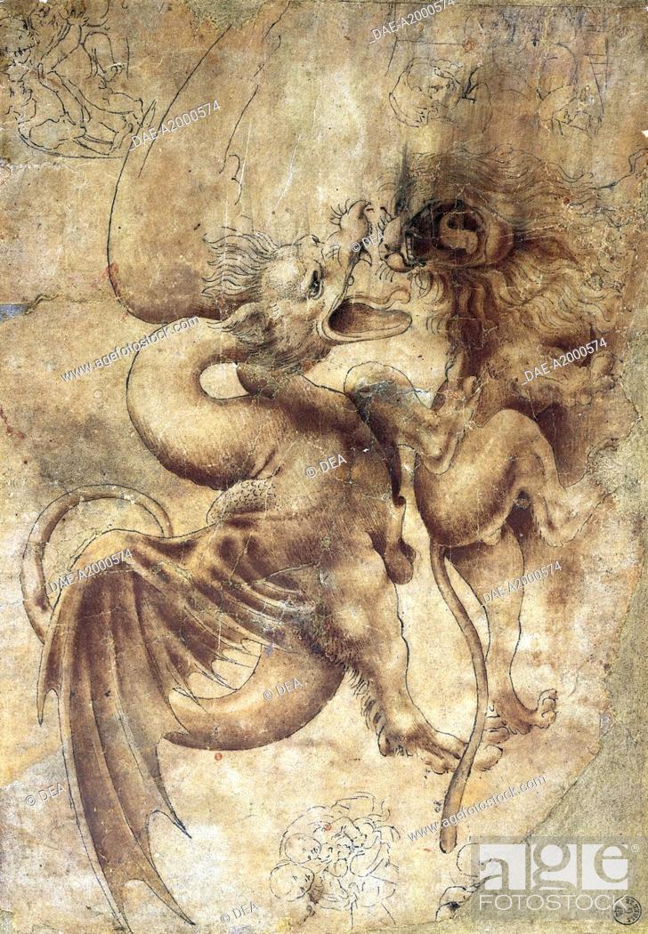 Fight between imaginary animals, by Leonardo da Vinci (1452-1519), drawing  435E recto, Stock Photo, Picture And Rights Managed Image. Pic.  DAE-A2000574 | agefotostock